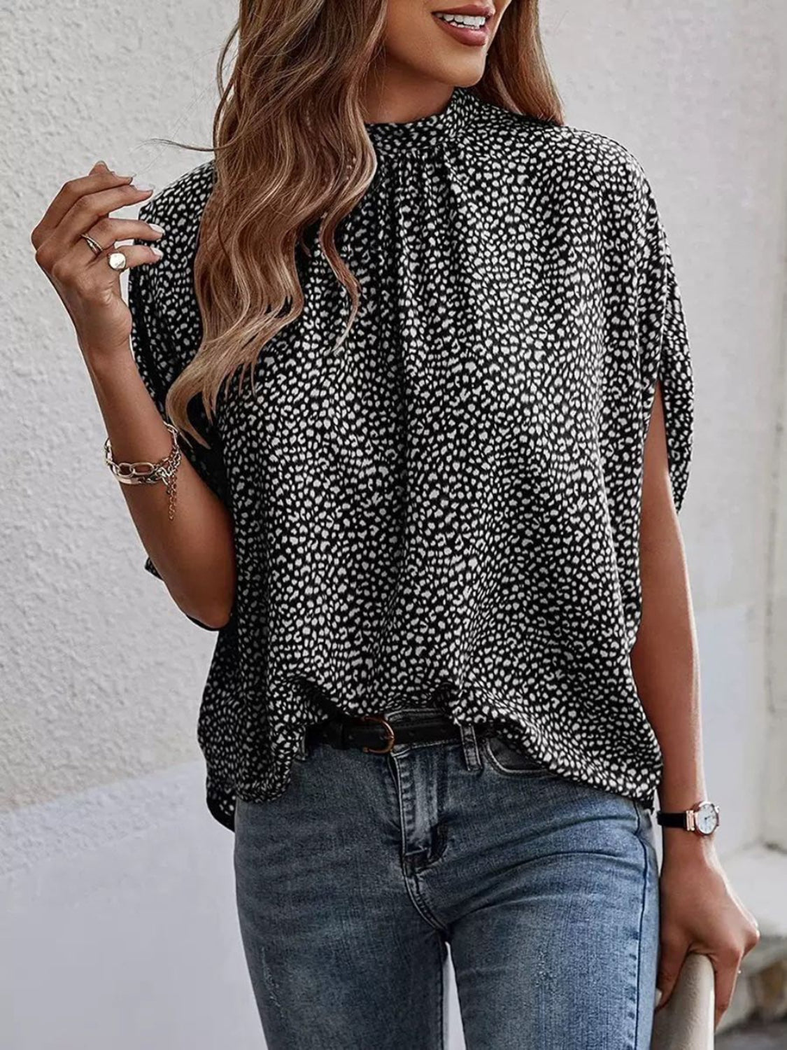 Tied Printed Mock Neck Half Sleeve Blouse