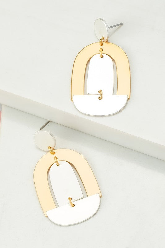 Satin surface two tone geo shape drop earrings