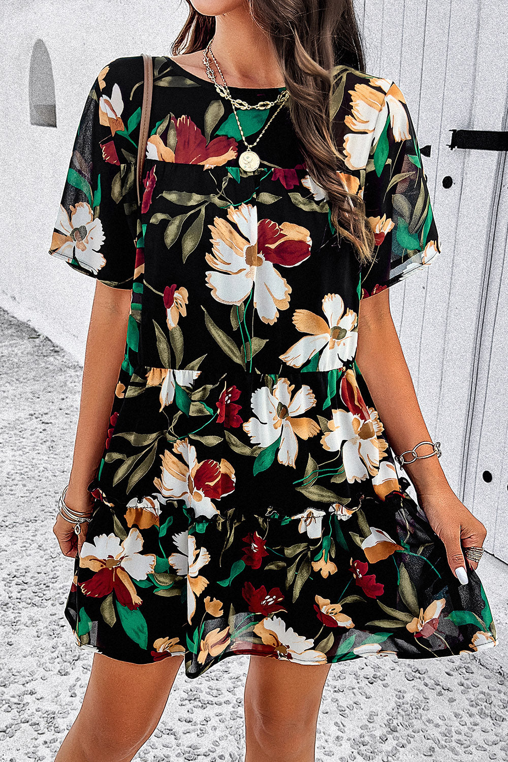 Printed Tiered Round Neck Mini Dress