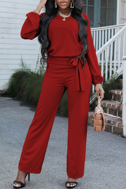 Boat Neck Tie Belt Jumpsuit