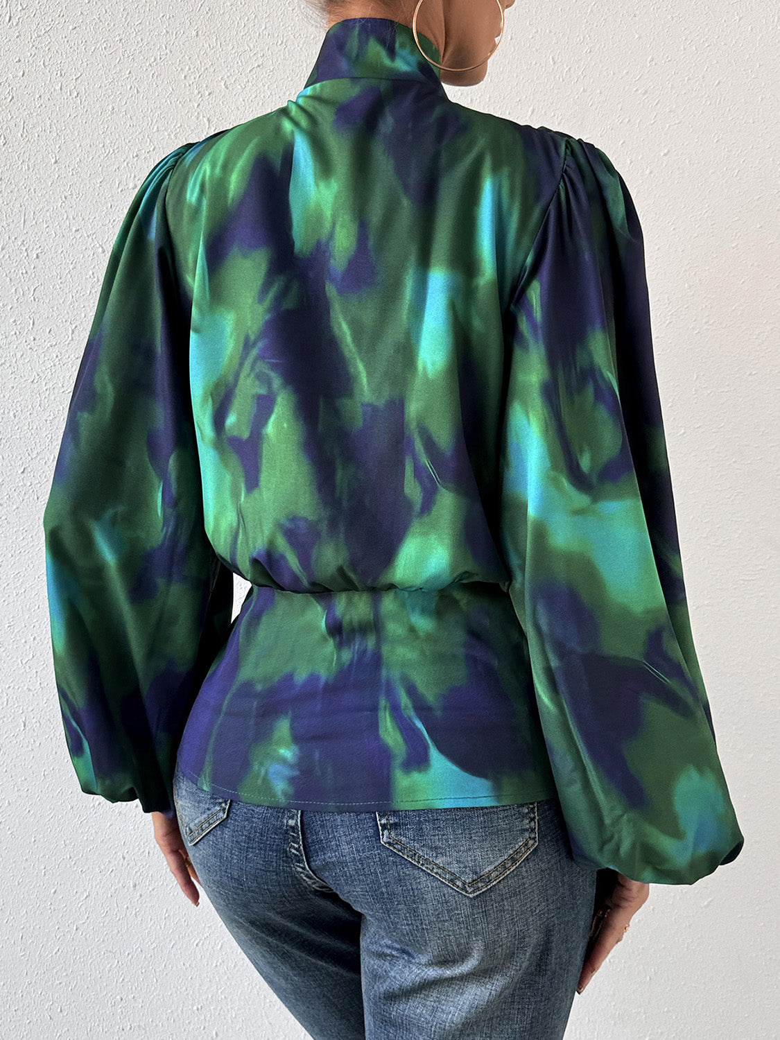 Tie-Dye Button Up Balloon Sleeve Blouse