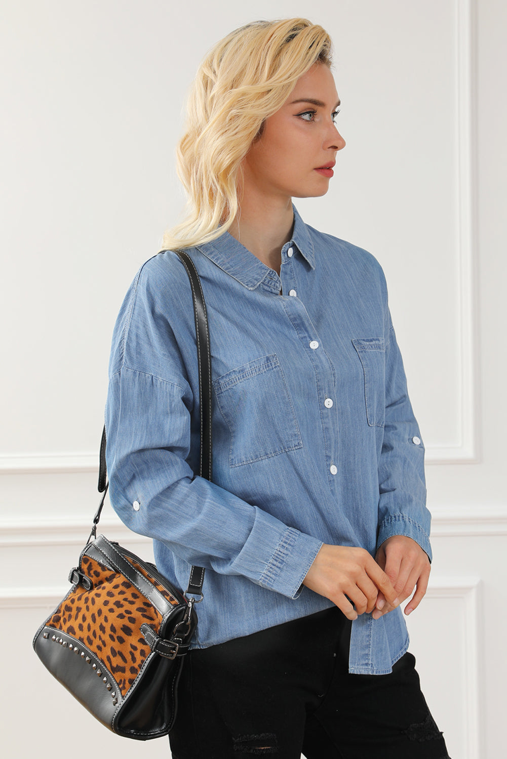 Pocketed Button Up Collared Neck Denim Top