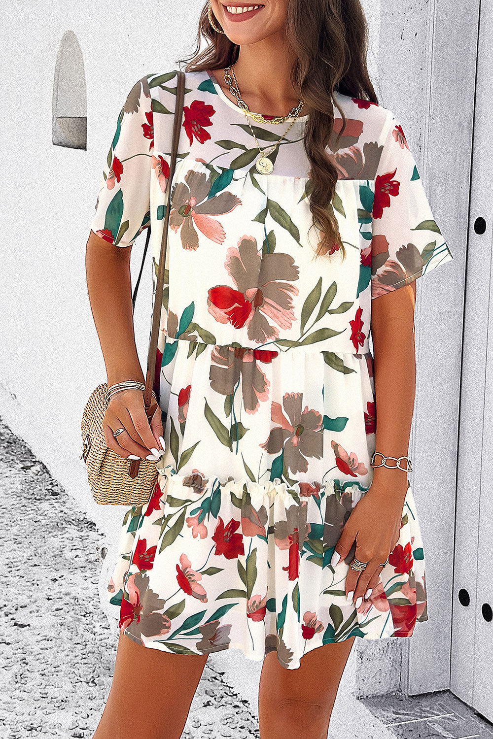 Printed Tiered Round Neck Mini Dress