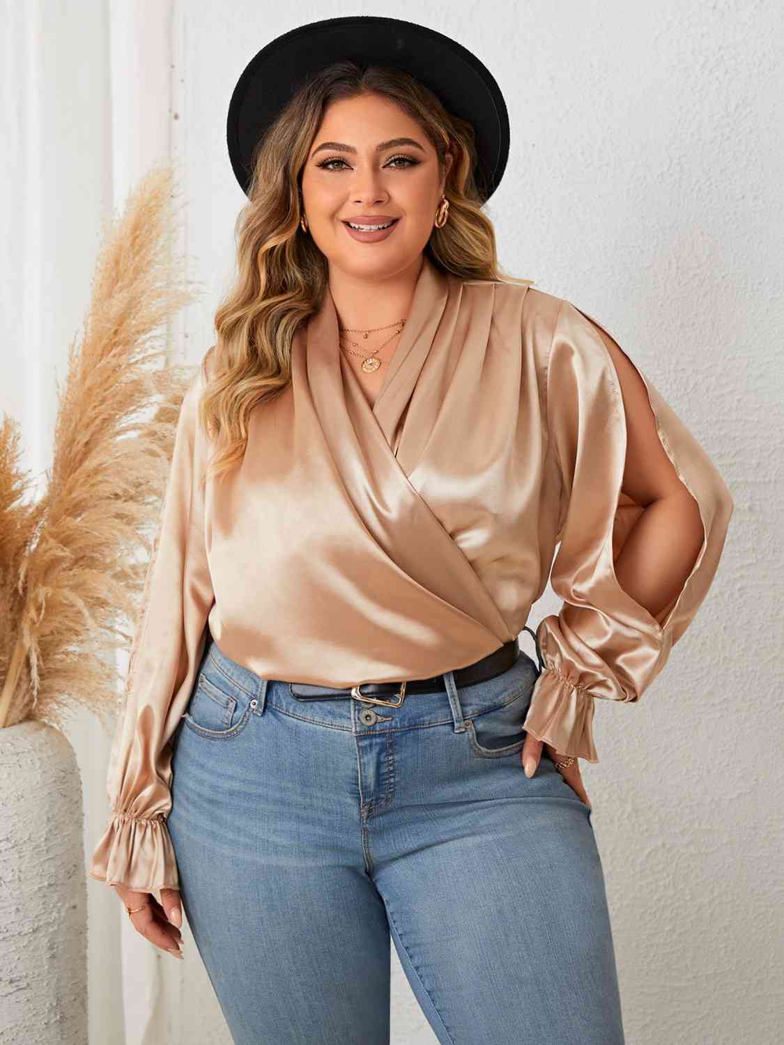 Plus Size Surplice Neck Flounce Sleeve Blouse