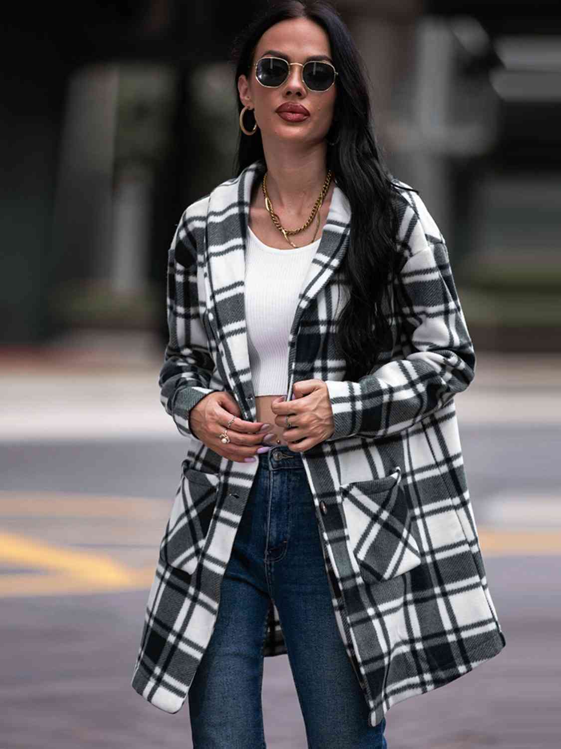 Plaid Shawl Jacket with Pockets