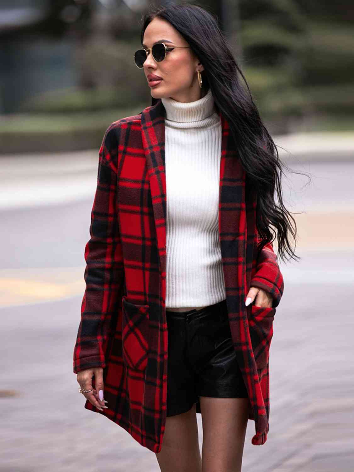 Plaid Shawl Jacket with Pockets