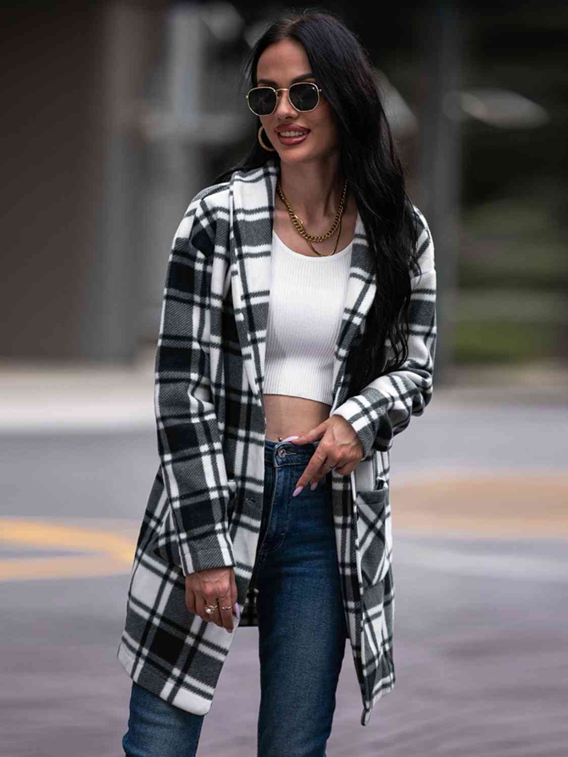 Plaid Shawl Jacket with Pockets