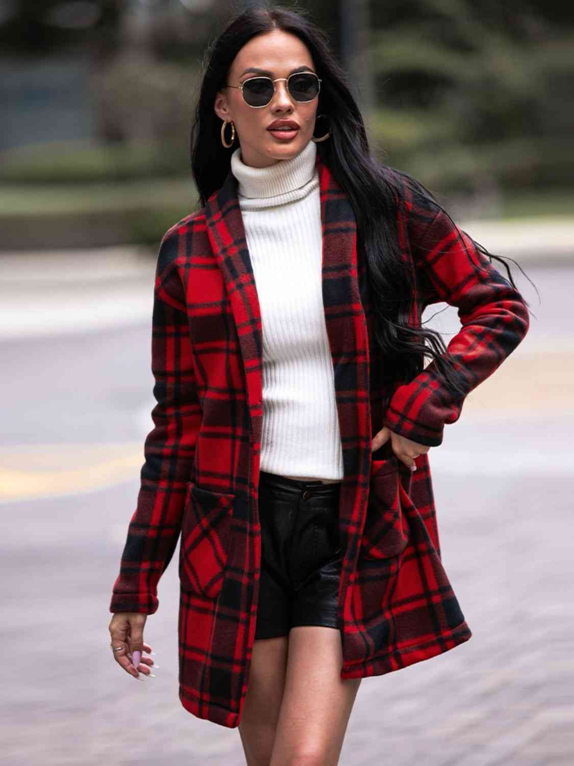 Plaid Shawl Jacket with Pockets