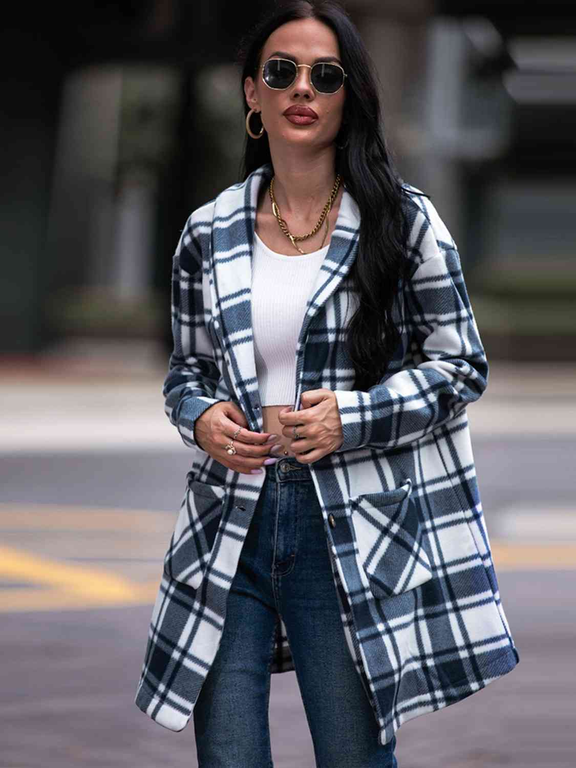 Plaid Shawl Jacket with Pockets