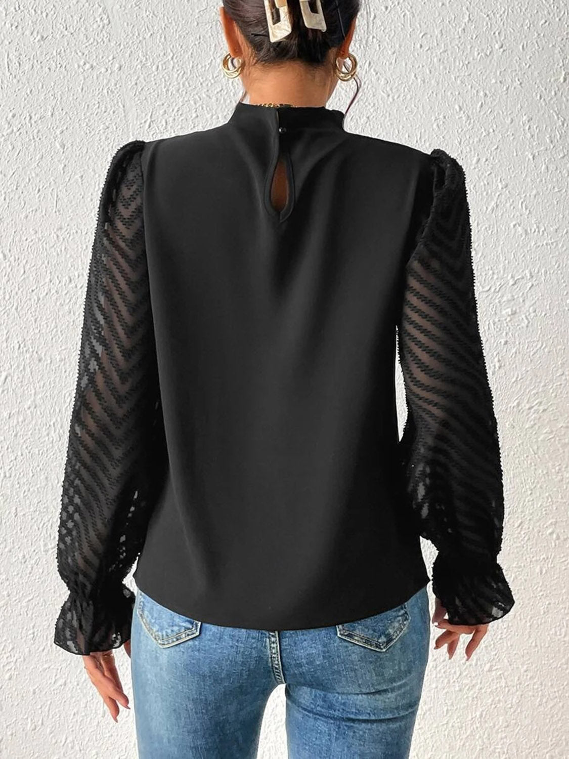 Mock Neck Flounce Sleeve Blouse