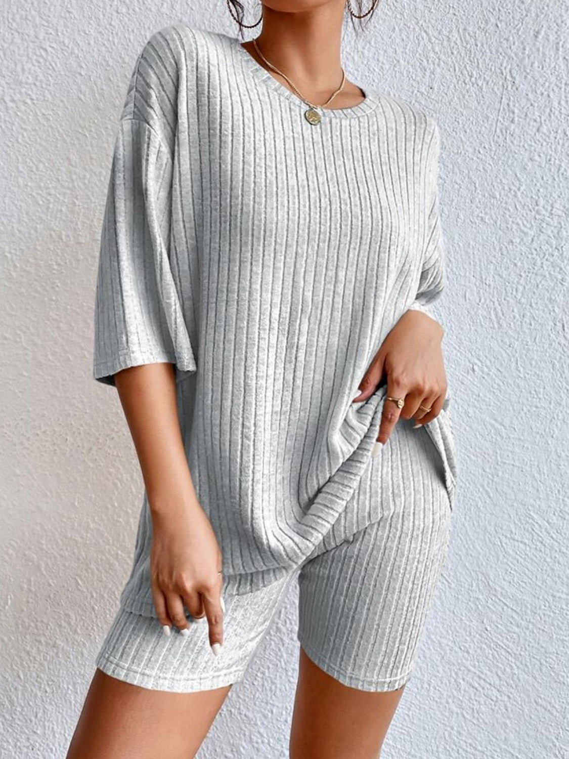 Ribbed Round Neck Top and Shorts Set