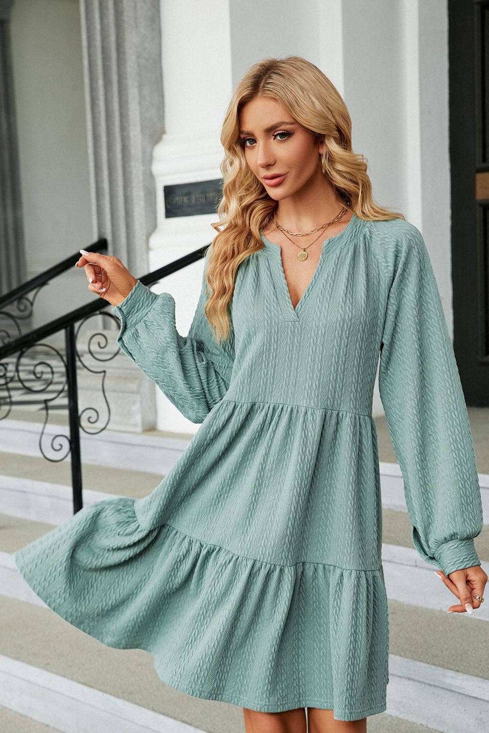 Notched Neck Long Sleeve Mini Dress