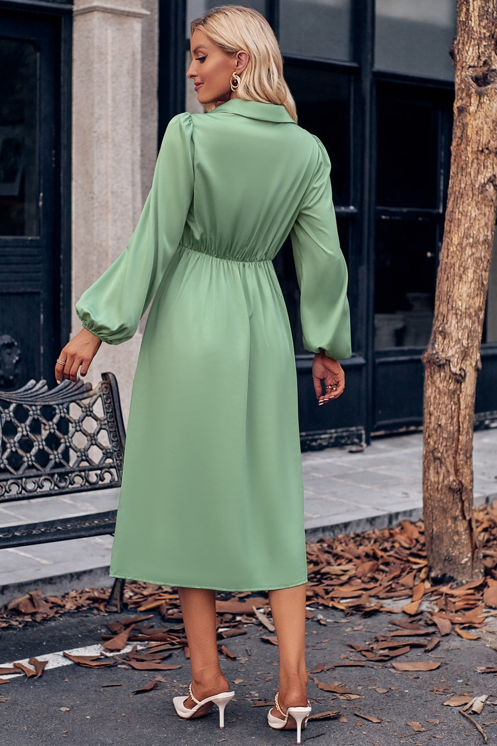 Surplice Neck Puff Sleeve Midi Dress